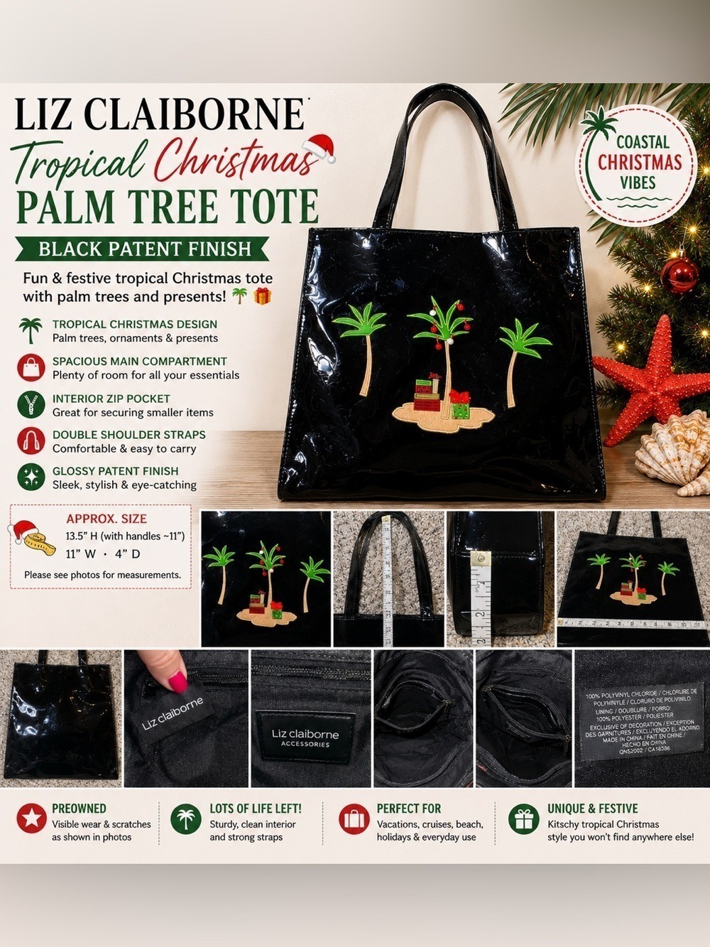 Liz Claiborne Tropical Christmas Palm Tree Tote Black Patent Beach Holiday Bag